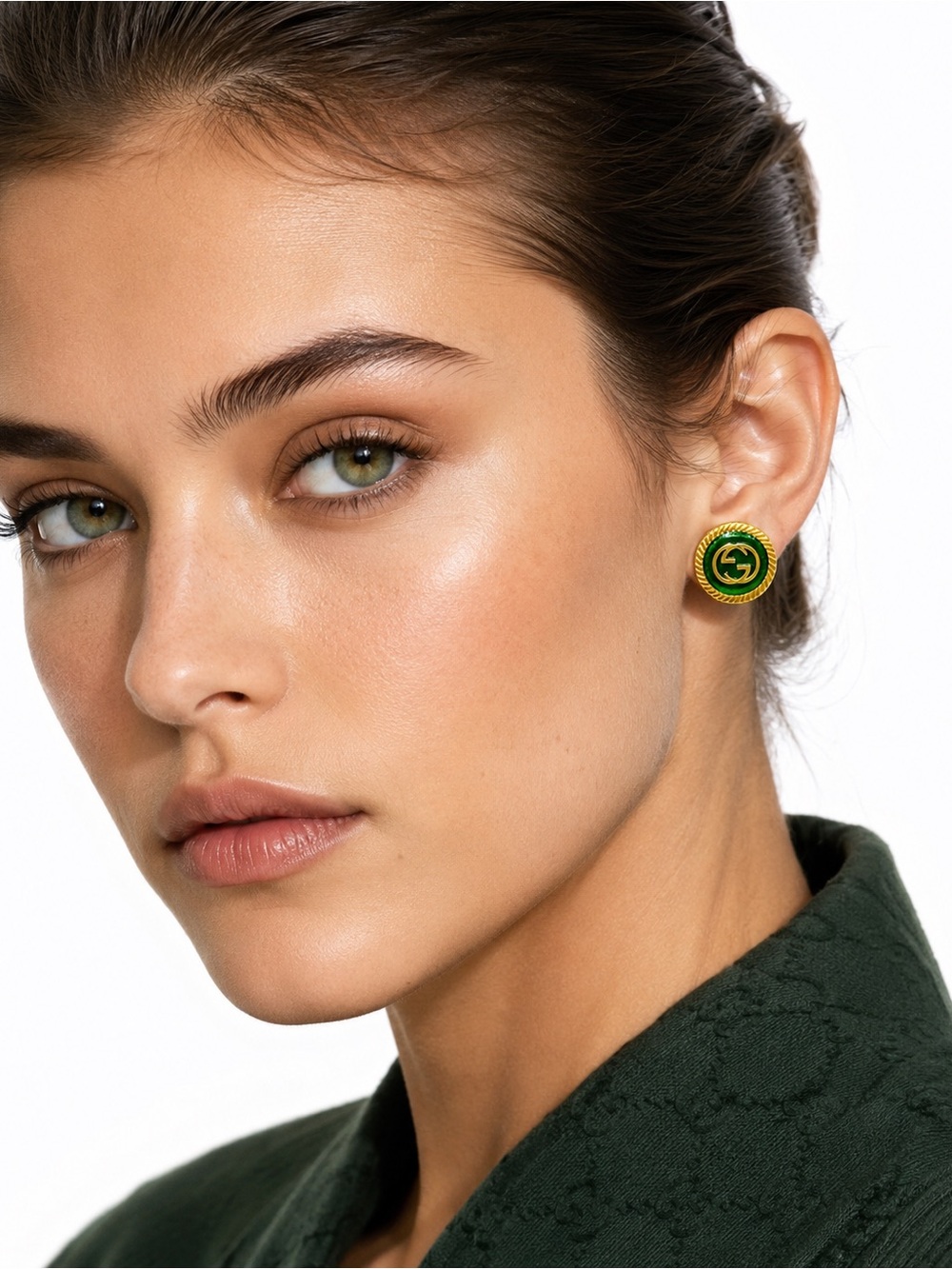 Gucci Gold-Tone Green Enamel Interlocking G Button Earrings